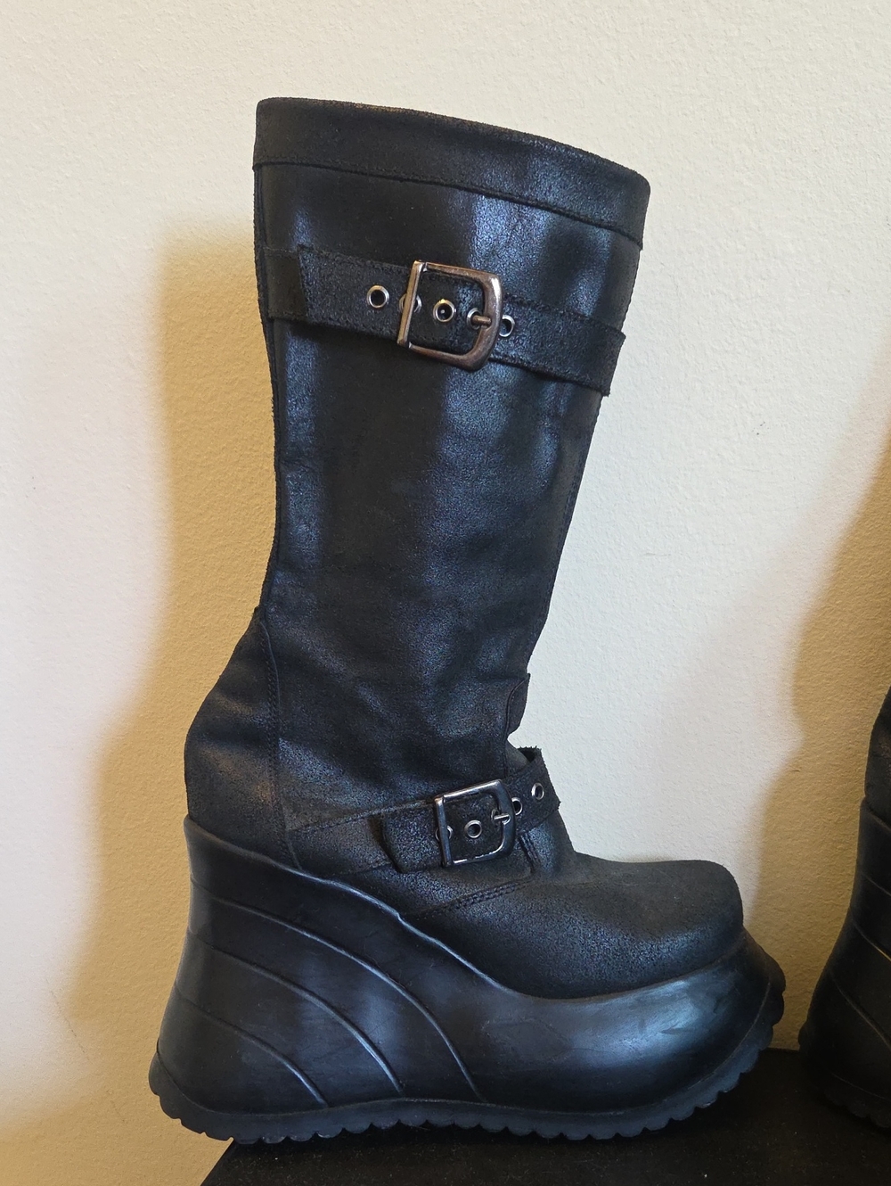 Women’s Roughout Leather Black Wedge Platform Boots with Buckle Detail